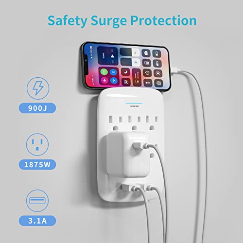 Oviitech 6 Outlet Surge Protector,900 Joules Wall Adapter Tap With 2 Usb Charger, Dual 3.1A Usb Ports, 3-Prong Wall Mount Outlet Plugs,Etl Listed,White #TOP3