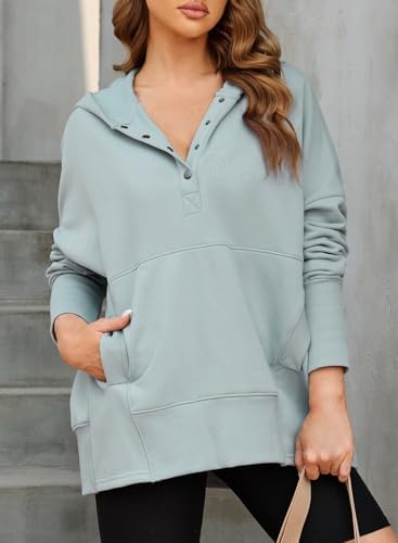 AlvaQ Womens Oversized Sweatshirts Hoodies Fleece Button Neck Hooded Tops Casual Pullover Tunics Winter Outfits 2025