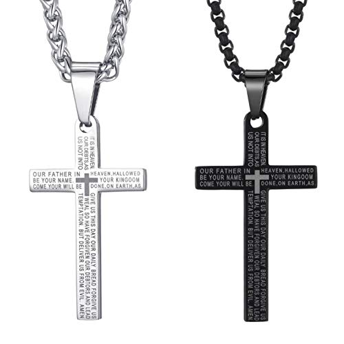 Cross Necklace for Men and Women Lord's Prayer Cross Pendant with 24 Inches Stainless Steel Link Chain, Couples Necklace Set