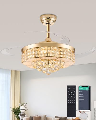 Fejanical 48" Retractable Chandelier Ceiling Fan with Lights, Crystal Dimmable Fandelier Ceiling Fan with Light and Remote for Bedroom Living Room,Gold Fejanical 48" Retractable Chandelier Ceiling Fan with Lights, Crystal Dimmable Fandelier Ceiling Fan with Light and Remote for Bedroom Living Room,Gold