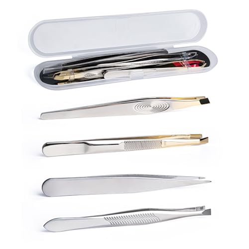 MEGAVOW 4 Pcs Tweezers for Facial Hair Remover, Professional Stainless Steel Eyebrow Slant Tweezer Set, Plucking Beauty Tools with Travel Case, Women and Men