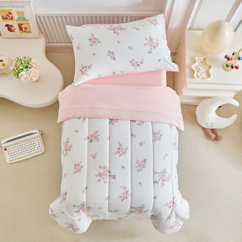 Image of Joyreap 4 Piece Toddler Bedding Set- Floral Pink n White Design, Microfiber Toddler Bedding Comforter Set for Girls