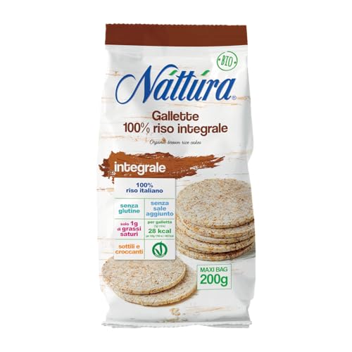 NATTURA Gallette di Riso Integrale Bio, Snack Senza Glutine con Riso Integrale 100% Italiano, Ricche di Fibre, Prodotto Vegano Senza Sale Aggiunto, Basso Contenuto di Grassi Saturi, Maxi Busta 200 g