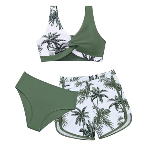 Image of Weixinbuy Girl's 3 Piece Swimsuit Teen Swimwear Tropical Print Twist Cross Bikini Bathing Suit with Cover Up Shorts Size 9-16