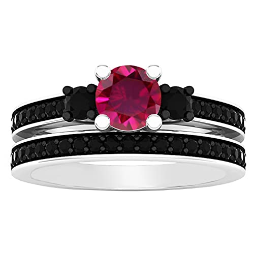 Dazzlingrock Collection 5 MM Center Round Lab Created Gemstone with Natural Black Diamond Three Stone Engagement Ring Set for Women | 925 Sterling Silver2