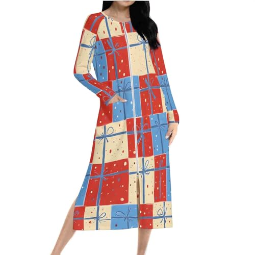 Women's Christmas Nightgown Zipper Front Loose Sleepshirt Split Side Pajamas Dress Long Sleeve Sleepwear with Pockets