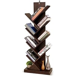 Estanteria Color Nogal Estantería de árbol, estantería de madera, estantería de pie de árbol en la sala de estar en casa, oficina, estante organizador para libros, revistas, CDs/películas, color marrón nogal