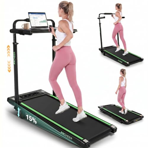 Image of Height-Adjustable Desk Treadmill with 15% Incline for Home Office Workout | 8 in 1 Folding Treadmill 450lbs Weight Capacity, 3.5HP Quiet Portable Treadmill with Desk, 3 Type Control, Ready to Use