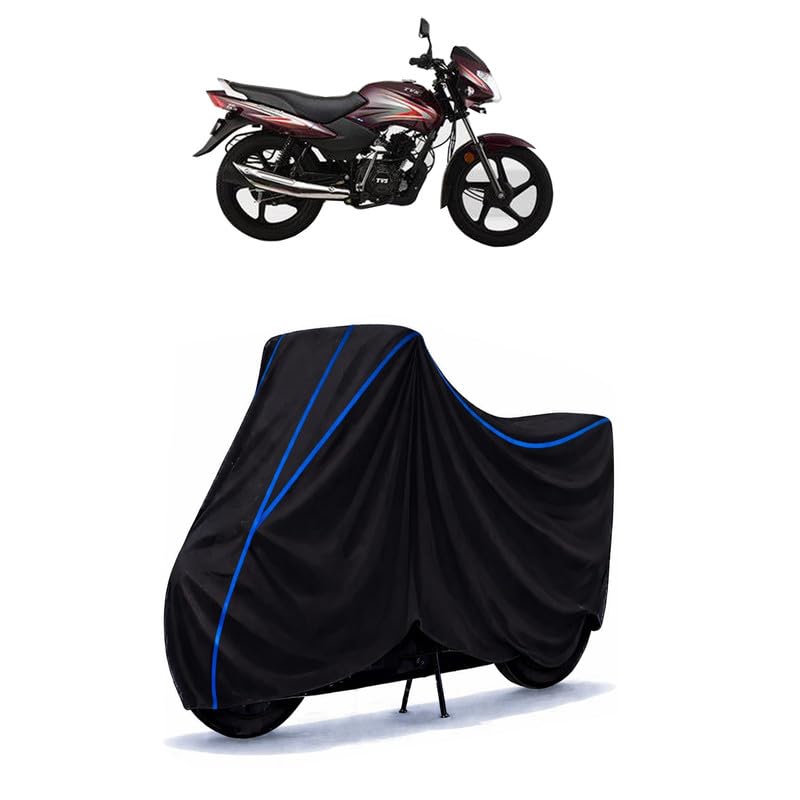 Image of Tvs Sport Bs7 E20 Bike Cover Water Resistant Universal Motorcycle Rain | Heavy Duty UV Protection, Dust, Scratch Indoor Outdoor All Weather with Black Blue Piping Elastic