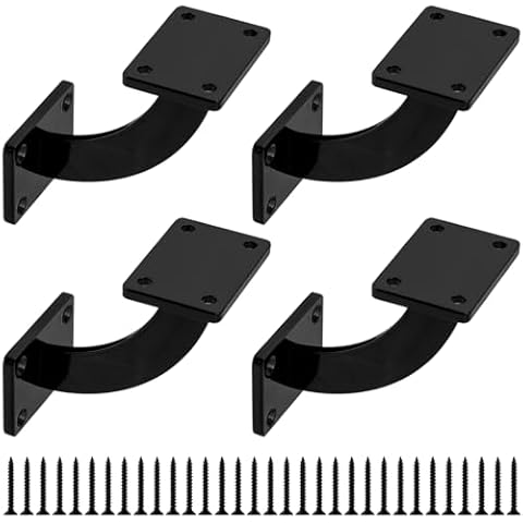 Handrail Brackets, 4 Pcs Heavy Duty Hand Rail Brackets, Black Square Base Handrail Support Hardware Brackets Wall Mounted for Staircase Stair Railing Brackets, with Screws Cover