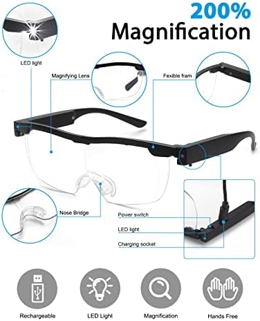 OKH 200% Magnifying Glasses with Light, Rechargeable LED Lighted Magnification Eyeglasses, Bright Sight Hands Free Magnifier Glasses for Close Work, Craft, Jewellers, Reading, Hobby