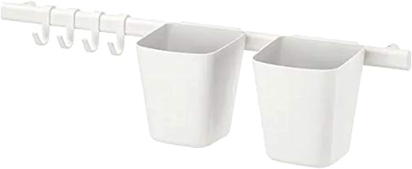 Ikea Rail with 4 Hooks and 2 containers, White, Plastic