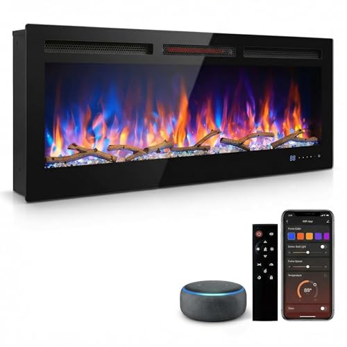 50 Inch Smart Electric Fireplace Insert, Recessed or Wall Mounted, WiFi App & Alexa Control, Ultra Thin Linear Fireplace, 5120 BTU Heater, Adjustable Flame Colors & Speed, Timer, Logs & Crystals
