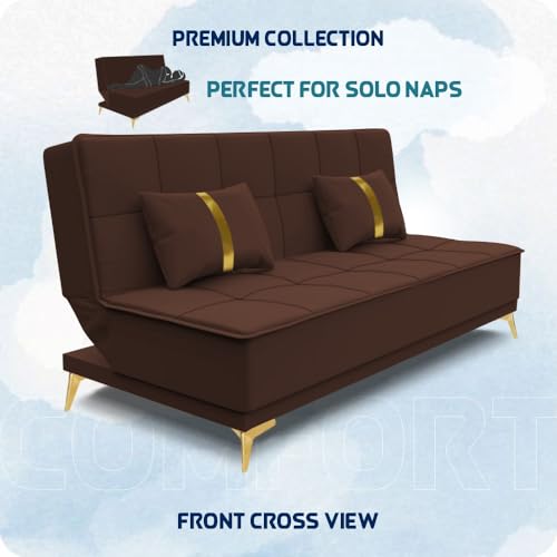 Image of Adorn India Premium New Alyssum 3 Seater Sofa Cum Bed 4X6 Velvet Suede with 2 Cushions (Color Brown) and Suitable for All Indoor, with 3 Years Warranty