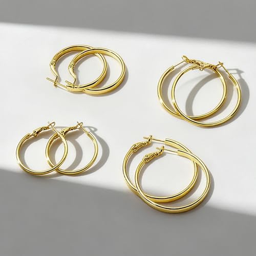 Image of 4 Pairs Silver Gold Hoop Earrings for Women | 14K Gold Plated Hoop Earrings Set Hypoallergenic Earring Lightweight Dangle Earrings Set