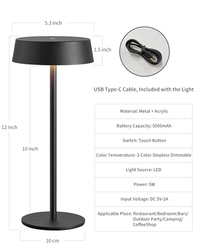 NEWSEE Contemporary Cordless Table Lamp Set of 2, Waterproof, Rechargeable 5000mAh Battery-Powered, Dimming Night Light for Bedroom, Dining Room, Bar, and Outdoor Use (Black) - Image 6