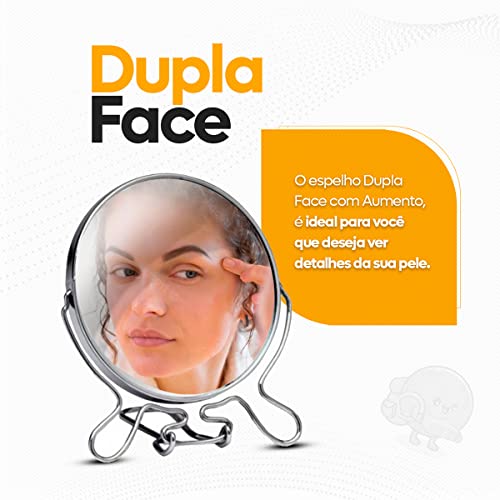 Espelho de Maquiagem Metal Dupla Face com Aumento (Zoom), Nítido, Leve, 6 Polegadas, Não Enferruja,