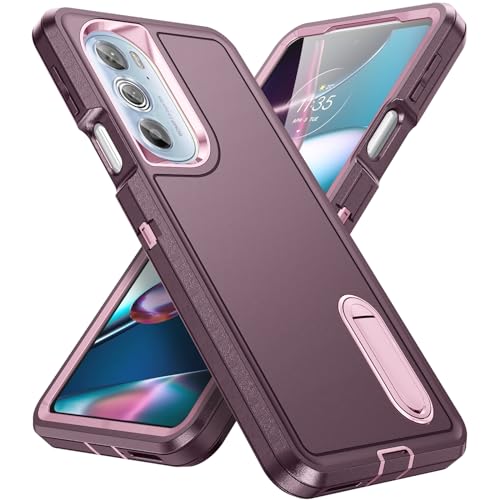 for Moto Edge Plus 2022 Case Moto Edge 30 Pro Case with Kickstand 3-Layer Military Grade Protective Cover Silicone Shockproof for Motorola Moto Edge Plus+ 2022 Phone Case (Purple+Pink)