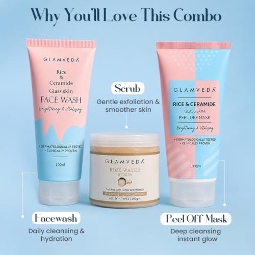 Image of Glamveda Korean Rice & Ceramide 3 Step Face Wash, Face Scrub & Peel Off Mask For Women & Men| Reduces Signs of Ageing & Skin Brightening | For Dry to Combination Skin Type