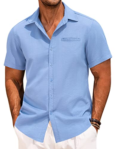 COOFANDY Men's Casual Button Down Shirt Short Sleeve Linen Chambray Shirt Summer Beach Hawaiian Shirts with Pocket Blue