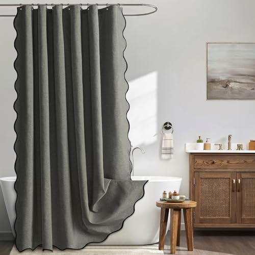 MIULEE Charcoal Grey Scalloped Shower Curtain Linen Textured with 12 Metal Hooks Cute Heavy Duty Washable Waterproof Thick Cloth Shower Curtains with Black Border for Bathroom Hotel Bathtub,W72*L72