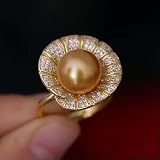 (109+) Migliori anelli da donna di tendenza '2026' 52 Enorme Anello con Perla Rotonda Dorata autentica dei Mari del Sud, di Taglia AAA, da 10-11 mm, in Argento 925.