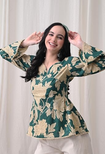 Image of MEERA FAB Women's Summer Floral Printed Cotton Short Kurta Bell Sleeves | Floral Printed Kurta | Short Kurti for Women