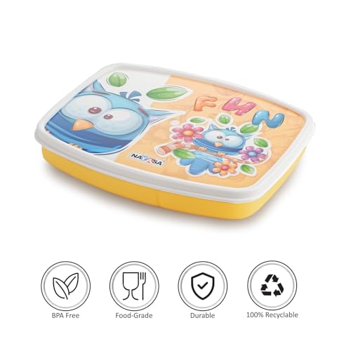 Image of Nayasa Witty Deluxe Mini 2 Compartment Lunchbox | BPA Free and Food Grade Plastic Tiffin | Owl Print | 450 ML | Yellow