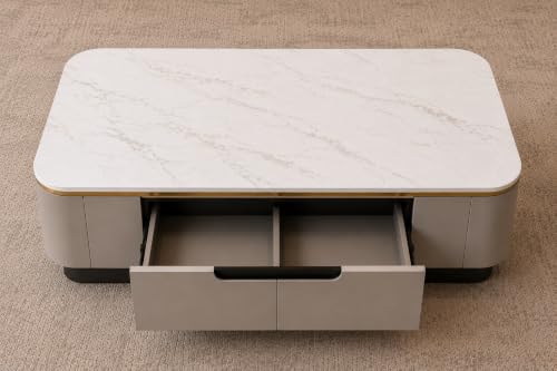 Image of WOODEN SPACE Jaguar Modern Marble Top Coffee Table with Storage | 47.24 Inch Rectangular Centre Table for Living Room | High Gloss Finish (Light Grey)