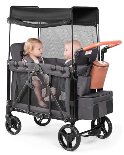 Stroller Wagon for 2 Kids, Foldable 2 Seater Wagon Stroller with Raised Seats, 5-Point Harnesses, Adjustable UPF 50  Canopy, Front Zip Door, All-Terrain Wheels, Insulated Snack Bag, Gray