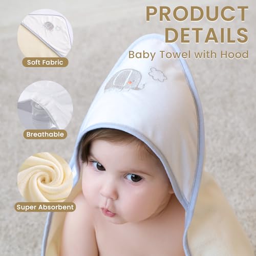 Image of Softan Baby Hooded Towels and Washcloths Set 6 Pack, 28x28 Ultra Soft & Absorbent Baby Bath Towels for Newborn Infant Toddler, Unisex Boys Girls (Green Elephant)