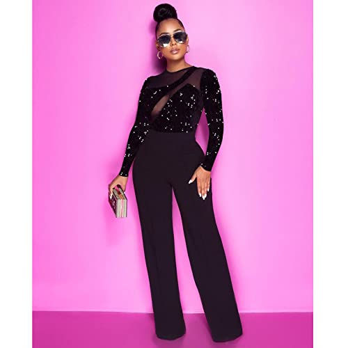 Sprifloral Women Sexy Wide Leg Jumpsuit Romper Long Sleeve Sequin Mesh High Waisted Pants 1 Piece Outfits Black S #TOP3
