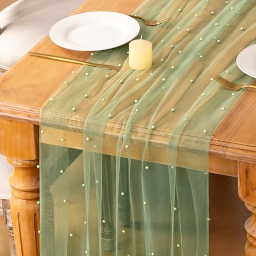 Image of MLMC Sage Green Pearl Table Runner Boho Rustic Tulle Table Runner with Pearls 10ft 29 inchx120 inch Cheesecloth Table Decor for Wedding Bridal Shower Anniversary Home Decoration