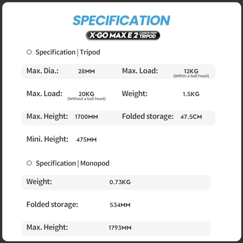 Image of Fotopro 68 inch Carbon Fiber Travel Tripod, Heavy Duty Camera Tripod with Ball Head, Detachable Monopod with Quick Release Plate and Bag, Load up to 12KG /26lbs