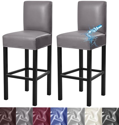Bar Stool Covers,2 Pack Stretch Waterproof PU Bar Stool Covers with Backs Removable Bar Stool Chair Covers Basrstool Covers Slipcovers with Back Pub Counter Chair Covers with Elastic Bands Gray