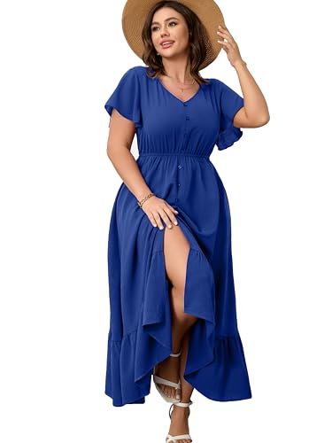 Image of RWJ Women Plus Size Maxi Dress V Neck Short Sleeve Button Trim Split Flowy Tiered Casual Long Dresses 2025 L-3XL