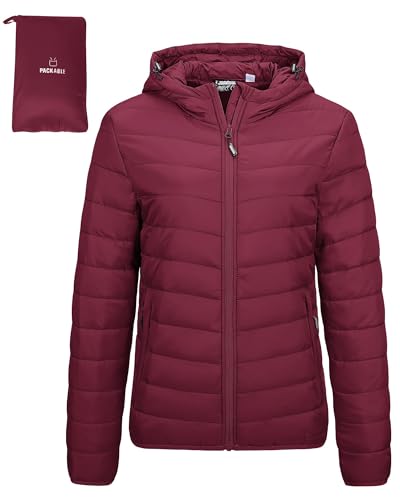 Outdoor Ventures Women's Winter Lightweight Puffer Jacket with Hood, Warm, Short, Packable, Quilted, Transitional, Padded Jacket for Ladies, Lined for Hiking, Travel Wine Red M