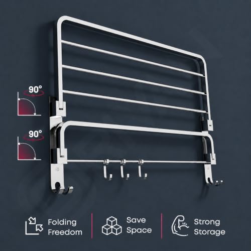 Image of GRIVAN Premium Stainless Steel Towel Stand in Bathroom | Foldable Bathroom Cloth Hangers for Wall | Towel Rack Holder in Bathroom Accessories Set (Silver Chrome, Pack of 2)