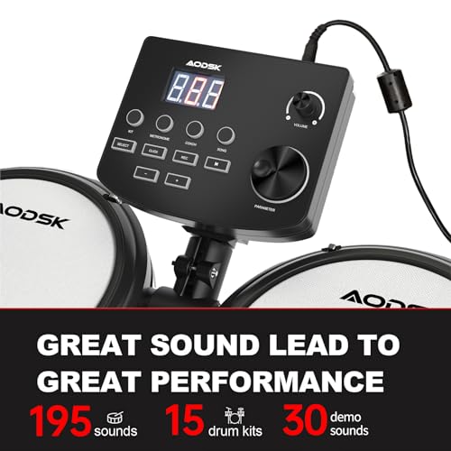 AODSK Electric Drum Set with Quiet Mesh Pads,Electronic Drum for Beginner,USB MIDI,Throne,Headphones,Sticks, Included 15 Kits and 195 Sounds (AED-403-Teenagers Beginners)