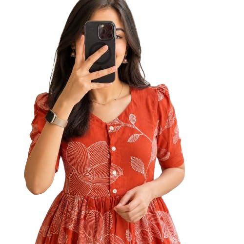 Elegant Orange-Red Floral Print Rayon Fit & Flare One Piece Dress with V-Neck – Lightweight Summer Midi for Women-image-1