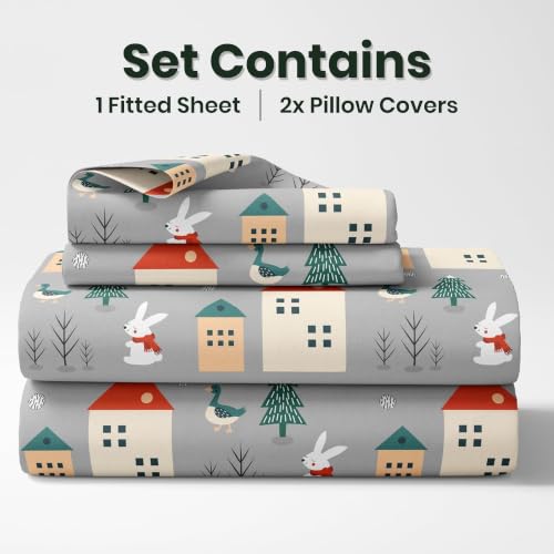 Image of LORETO - A QUALITY LINEN BRAND 186 TC 100% Pure Cotton King Size Fitted Bedsheet with 2 Pillow Covers for 78 x 72 Inch Mattress, All-Around Elastic, 8 Inch Deep Pocket, Grey Bunny
