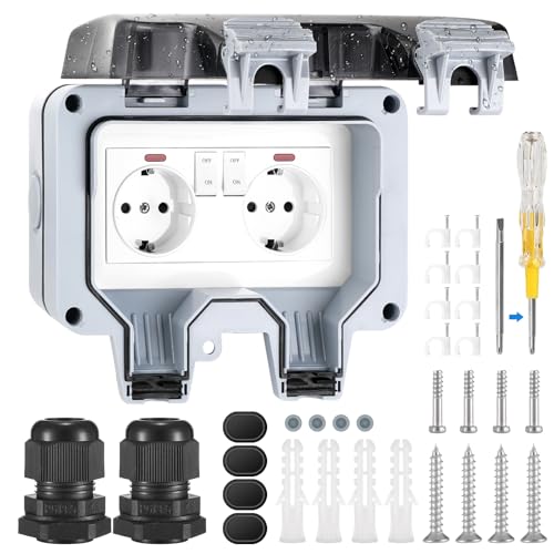 Miiepls Presa Esterna a Parete, Resistente alle Intemperie, IP66, con Interruttore, Spia di Controllo, 2 Scomparti, 16 A, Presa da Giardino con Coperchio Ribaltabile per Esterni
