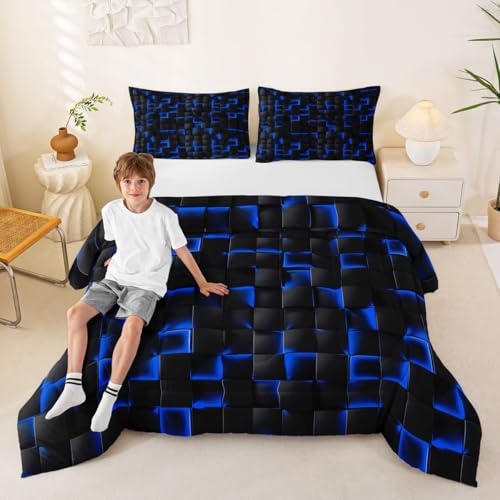 Image of Erosebridal Neon Black Blue Boys Comforter Set Toddler Size Geometric Checkered Kids Bedding Set Teen Men Gaming Room Decor,Abstract Ombre Plaid Comforter Grids Quilt Duvet