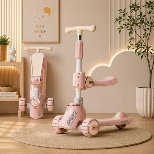 Image of Multi-Functional 2 in 1 Kids Kick Scooter with Foldable Seat | Adjustable Handlebar | PU LED Flashing 3 Wheels | for Boys & Girls Age 3-14 Years (KS-110 Pink)