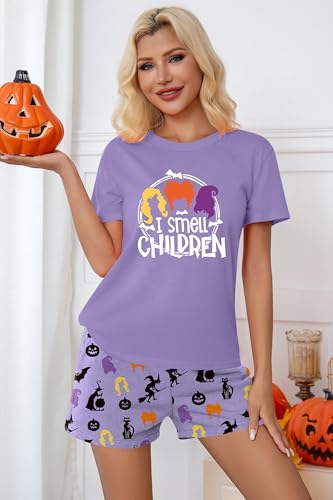 Halloween Pajamas Women Pumpkin Short Sleeve Tops and Shorts Pjs Set Fall Sleepwear Spooky Pajamas3