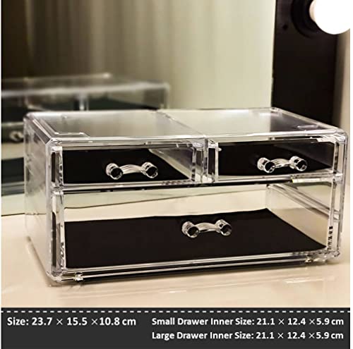 Kw Collection Acrylic Makeup Organizer Cosmetic Storage Jewelry Display Case Makeup Brush Holder Blush Organizer Lipstick Dispenser (9.3X 6.1 X 4.3 In, 2 Small & 1 Long Drawers, Transparent) #TOP1