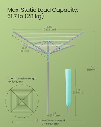 SONGMICS Umbrella Drying Rack, Rotary Washing Line, Foldable Heavy-Duty Outdoor Clothes Drying Rack with Clips, Cover, Ground Anchor, 164 ft (50 m) Long for 5 Loads of Laundry, Silver ULLR307EZ01 - 5