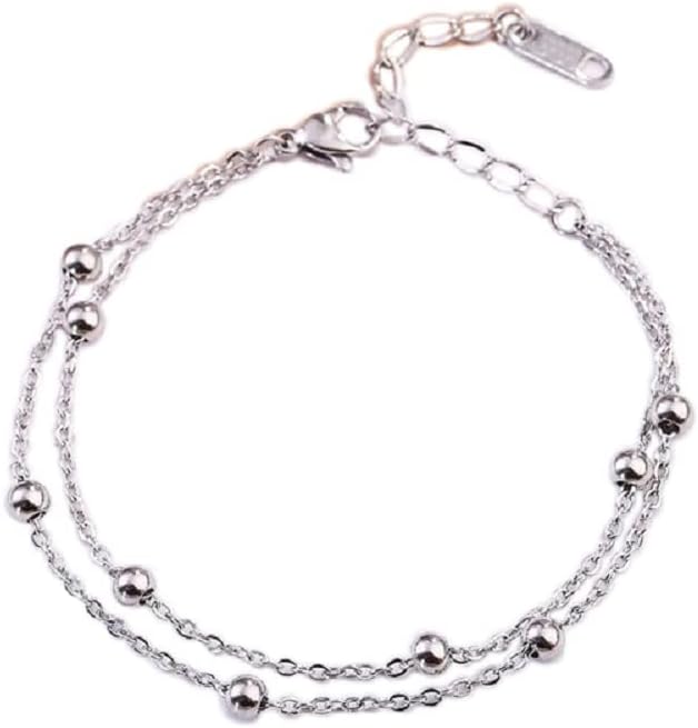 COLORFUL BLING Stainless Steel Ankle Bracelet for Women Teens Beach Beaded Heart Figaro Chain Cute Layered Ankle Bracelet Adjustable Foot Jewelry