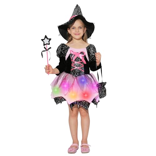 ZUCOS Costume da strega per bambini con luci, Halloween, costume da ragazza, carnevale, fasching, cosplay, costumi da principessa viola, vestito rosa (rosa, 3-4 anni)