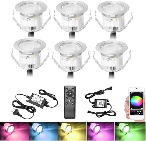 WiFi Bluetooth focos LED empotrables al suelo exterior interior Ø30 mm 12 V RGB impermeable IP67 foco empotrable led con mando a distancia, luces LED para terraza y patio juego de 6